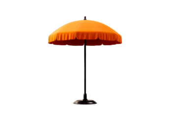 Bright orange patio umbrella with stand on transparent background