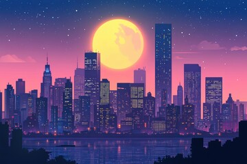 Fototapeta premium Stunning cityscape at twilight with a full moon rising over the skyline in a digital art style illustration
