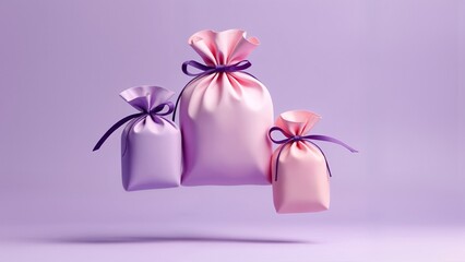 A group of three bags of pink and purple satin on a purple background.