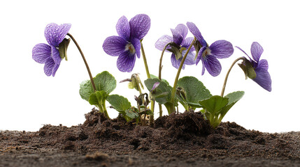 a group of purple flowers growing out of a dirt patch