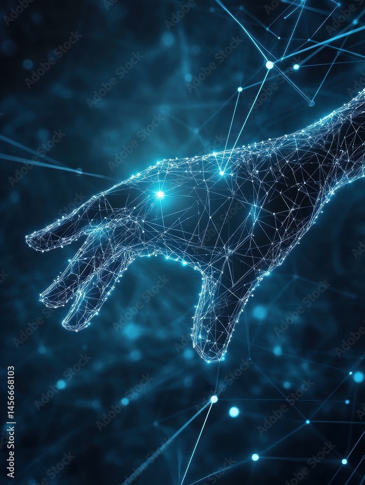 Poster Abstract digital hand reaching out in cyberspace low angle view concept of technology and connection innovative future