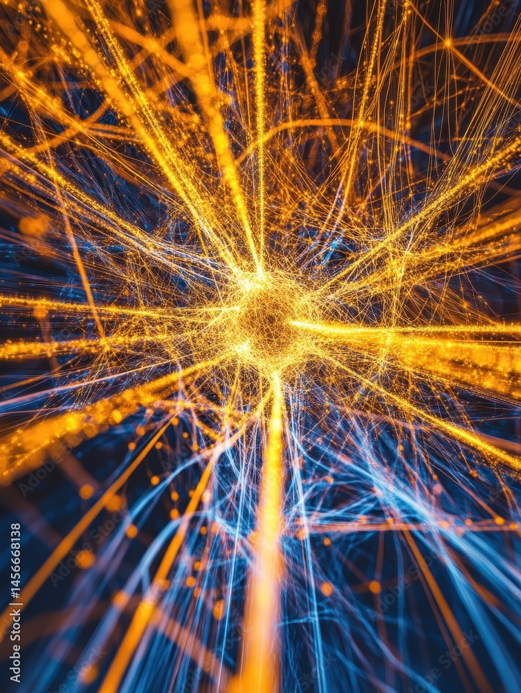 Poster Abstract data streams converge in a central point of energy, dynamic perspective, glowing lines of light, network concept