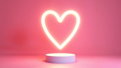 A white neon heart on a pink background.