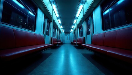 Obraz premium Dark Empty Subway Train Interior with Blue Neon Lighting