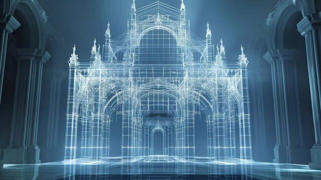This cathedral design features a glowing wireframe projection for a modern sacred vibe.