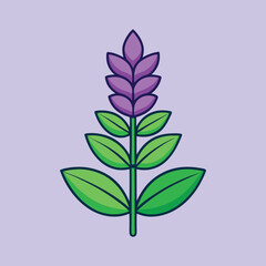 A Vibrant Illustration of a Purple Flower with Green Leaves Botanical Design Element