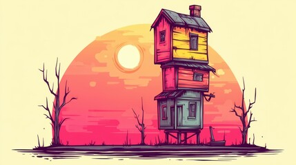 Surreal wooden house tower stands on stilts in a barren landscape with a large sunset in the background, cartoon style.