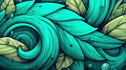Abstract bio organic shapes inspired by nature with swirling turquoise and green leaves, dynamic lines, and natural forms.