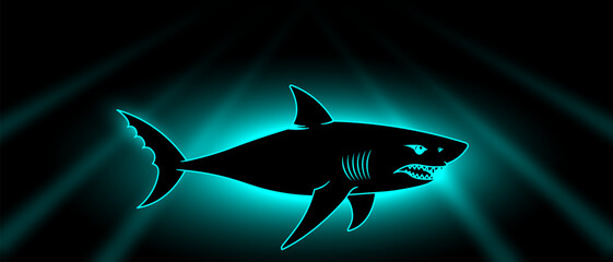 Vector scary dark glowing cyan angry shark with open toothy maw. Sea ominous neon contrast animal. Fish predator. Underwater monster