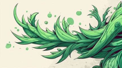 Abstract green organic shapes inspired by nature, resembling flowing leaves and branches on a light background with artistic splashes.