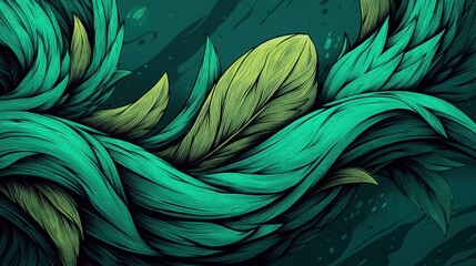Abstract organic forms inspired by nature with flowing green and teal shapes, resembling leaves and natural movement, on a dark background.