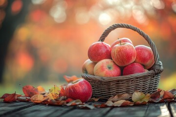 A wicker basket brimming with ripe red apples sits on a wooden table amidst fallen autumn leaves, bathed in warm sunlight.