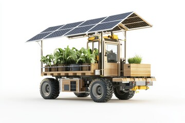 Obraz premium High-detail 3D visualization of a mobile solar unit for powering remote agricultural tools.