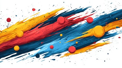 Bold colorful brushstrokes with vivid red, yellow, and blue paint splashes and round shapes on a white background. Dynamic abstract art.