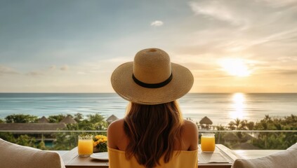 Woman in Sun Hat Enjoys Scenic Ocean Sunset from Balcony