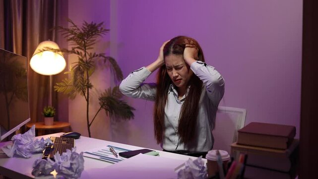 a businesswoman works late into the night because she has to deal with important contract documents that ned to be presented tomorrow, one of the employees worked overtime