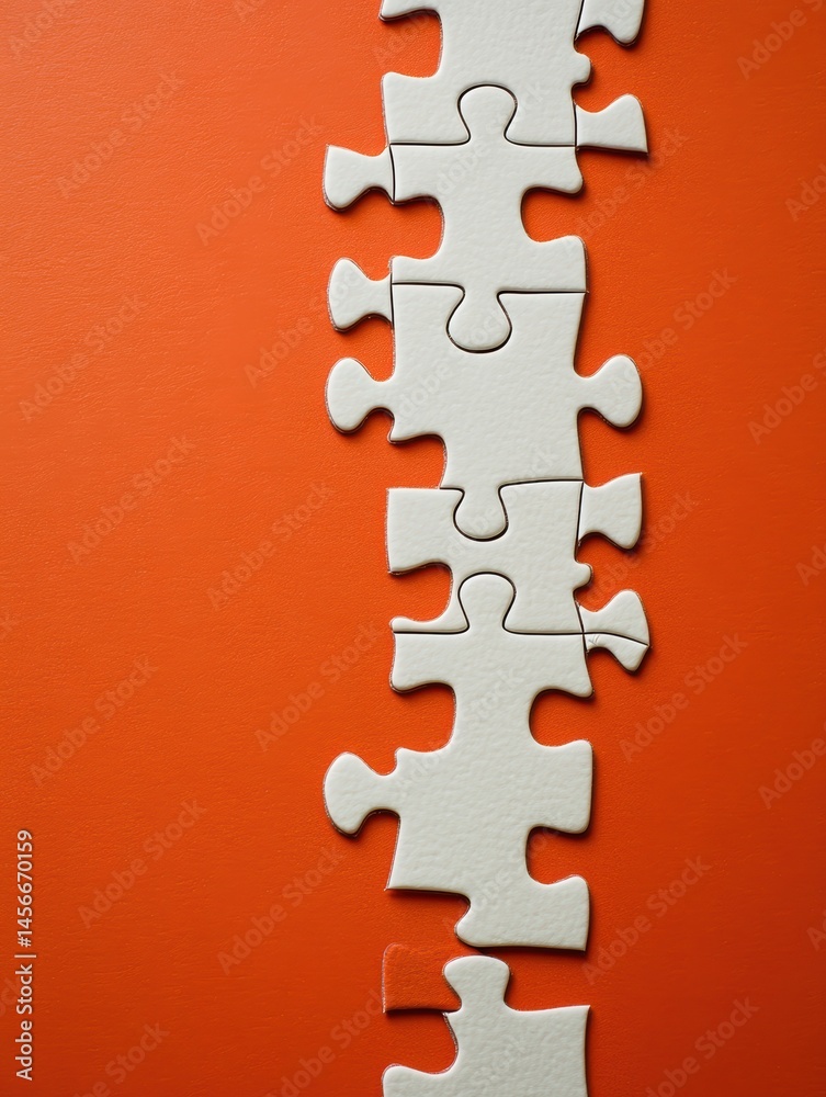 Poster White Puzzle Pieces Arranged on a Textured Orange Background Symbolizing Connection and Completion