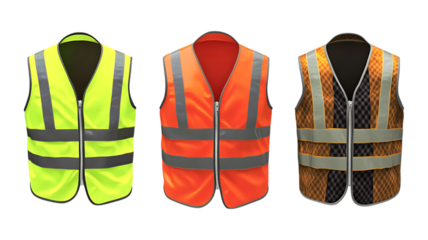 Set of Three High Visibility Safety Vests Against Transparent Background