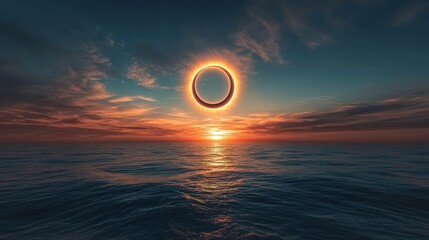 A fiery ring hovers over a tranquil sunset sea