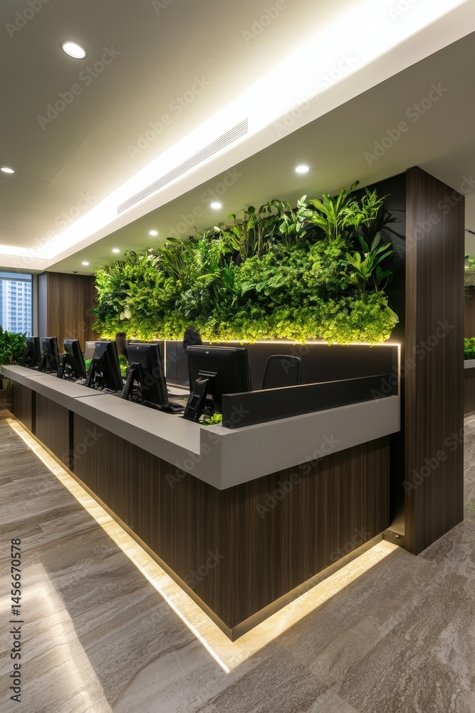 Aufkleber modern office reception area with living green wall and computer workstations in a corporate setting