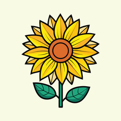 Vibrant Sunflower Illustration with Detailed Petals and Green Leaves