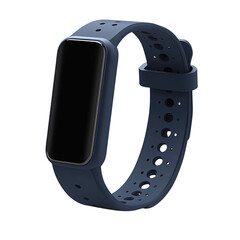 A stylish deep-blue fitness tracker against a dark backdrop, showcasing modern technology