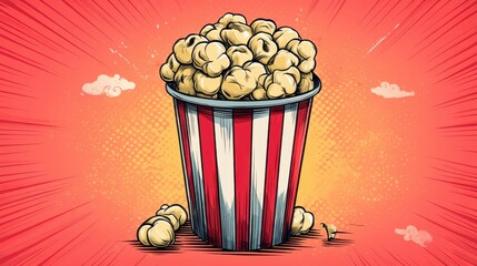 Cartoon style popcorn bucket with popcorn kernels on a vibrant red and yellow background.