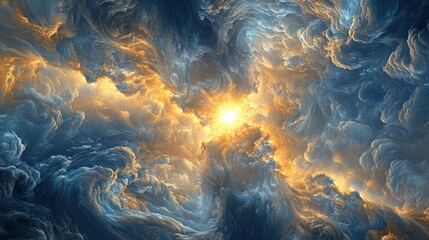 Cosmic swirl of vibrant clouds, a breathtaking abstract digital art piece, depicting a sun-lit vortex in a swirling nebula