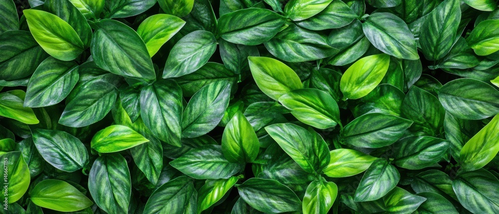 Aufkleber overhead close-up of lush green foliage with intricate veins and textures in a botanical garden sett