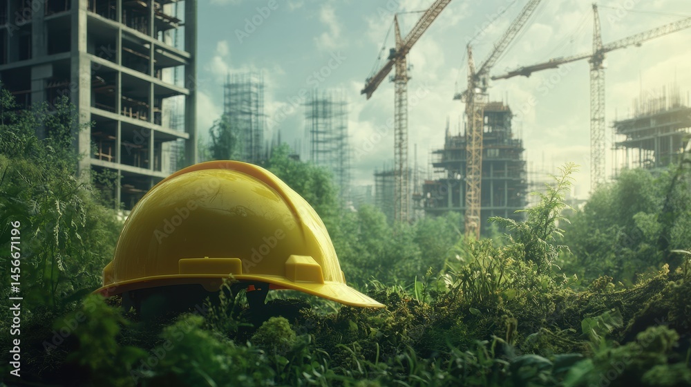 Poster construction site reclaimed by nature with hard hat in foreground and cranes in background
