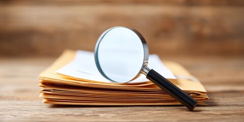 Magnifying Glass on Stack of Documents in Wooden Workspace Setting