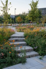 Obraz premium Stone Steps Ascending Through Lush Flower Garden in Urban Park Setting Eye Level View Beautiful Landscaping