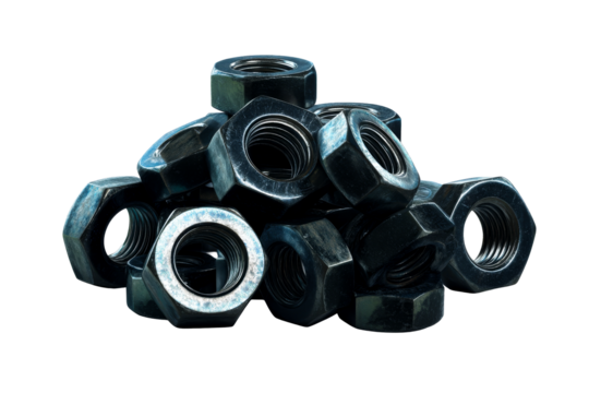 Stack of metal nuts on a transparent background for design use