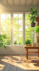 Bright sunlit interior with plants near window, wooden table, shelf, and hardwood floor in a cozy home, daytime