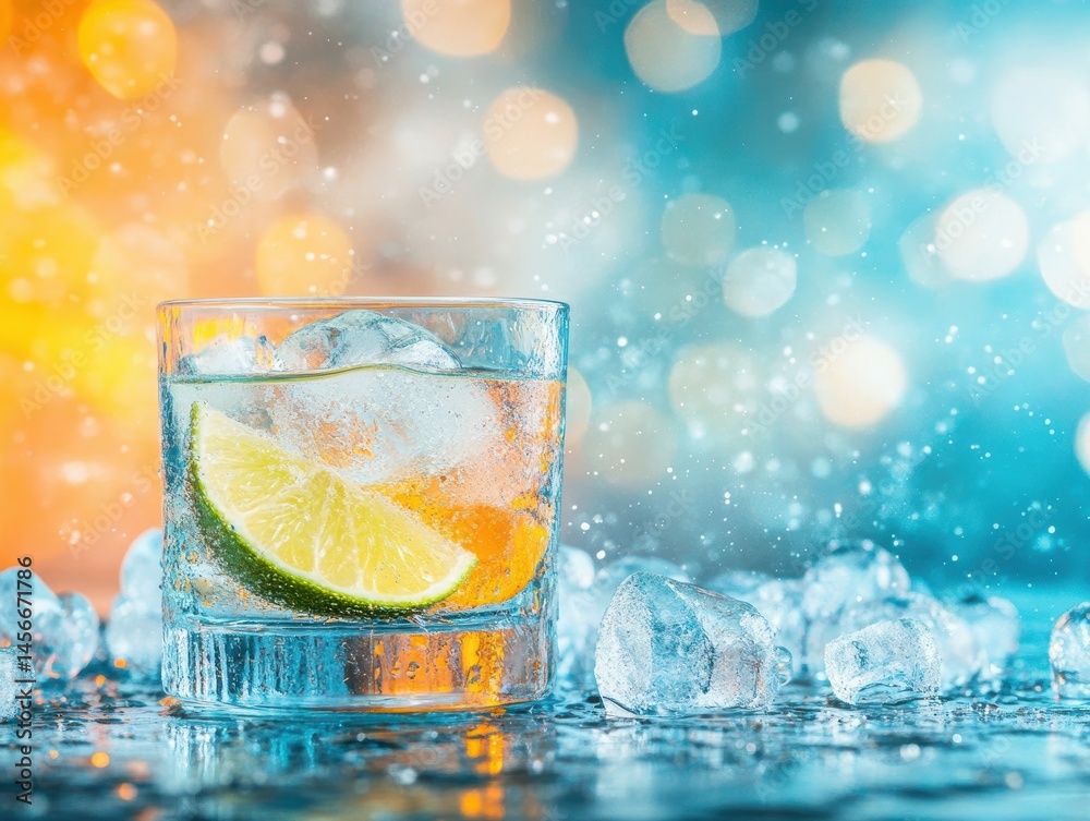 Poster Refreshing gin and tonic cocktail with lime and ice cubes on a wet surface against a bokeh background studio shot