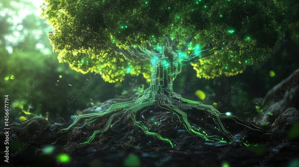 Aufkleber digital tree of life connecting nature and technology in a lush green forest scene