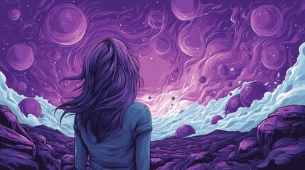 A person with long hair stands on rocky terrain, gazing at a surreal purple cosmic sky filled with swirling planets and clouds.