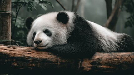 Obraz premium Giant panda resting peacefully on a fallen tree branch
