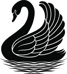 Elegant Black Swan Silhouette with Curved Neck and Outstretched Wings on Water
