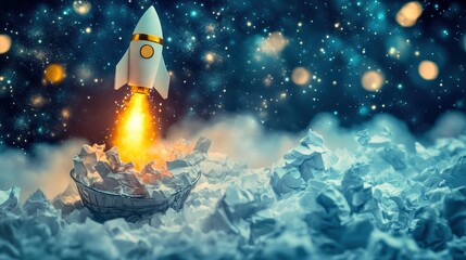 Naklejka premium Rocket Launching from Paper Basket into Starry Sky Dreamlike Conceptual Illustration