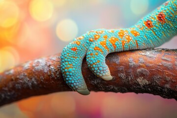 Close-up of a chameleon's foot showcasing vibrant turquoise and orange scales.