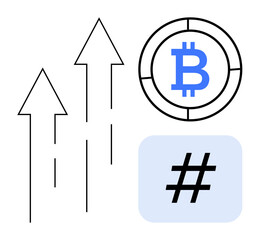 Bitcoin logo in circular frame accompanied by three upward arrows and metadata tag icon in soft blue square. Ideal for cryptocurrency, blockchain, growth, investment, digital trends, marketing