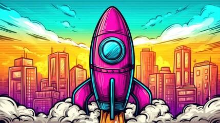 Colorful rocket launching above city skyscrapers at sunrise, vibrant cartoon style, symbolizing innovation and startup success.