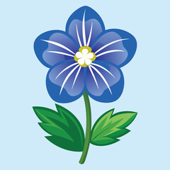 Vibrant Blue Flower with Green Leaves on Light Blue Background Simple Floral Illustration