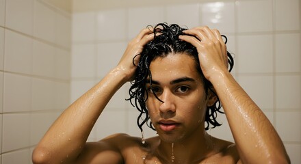 A young man with wet, curly hair in the shower, washes his head with his hands.