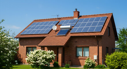 Brick Residential House with Solar Panels on Red Roof Surrounded by Blooming Bushes on a Sunny Day
