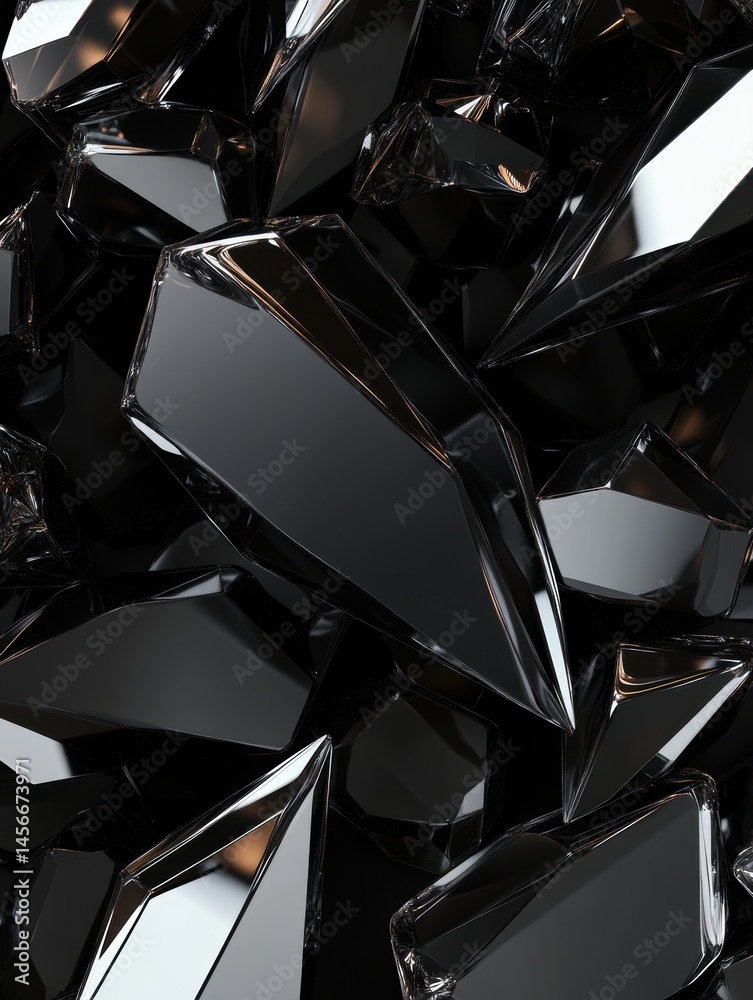 Poster Dark Abstract Background with Sharp Glass Shards and Geometric Shapes in Black and Silver