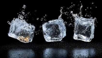 Obraz premium 3 ice cubes with splashes of water on a black background, top view, high-resolution photography,