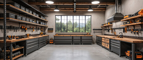 Modern workshop interior with tool storage benches and equipment in a clean industrial setting