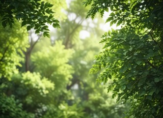 Obraz premium Blurred green leaves, dappled light, soft focus, lush foliage, element, bokeh, dreamy